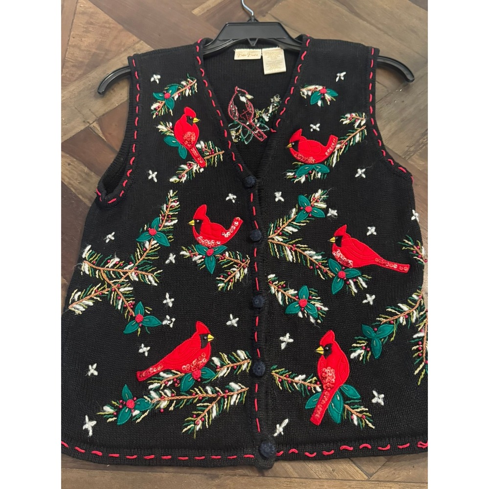 Bobbie Brooks Cardinal Christmas Sweater Vest Black Sequin Embroidered Medium
